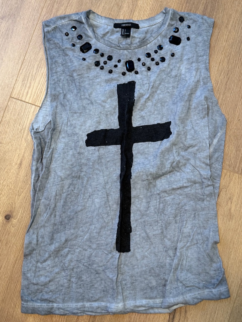 Forever 21 Gray Sleeveless Cross Tank with Black Embellishments